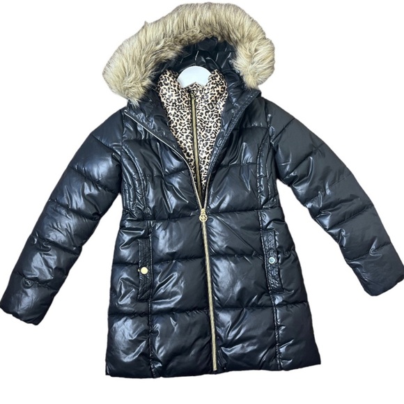 MICHAEL KORS 2 In 1 Winter Puffer Jacket With Pockets Animal Print Black 16Y - Picture 3 of 10